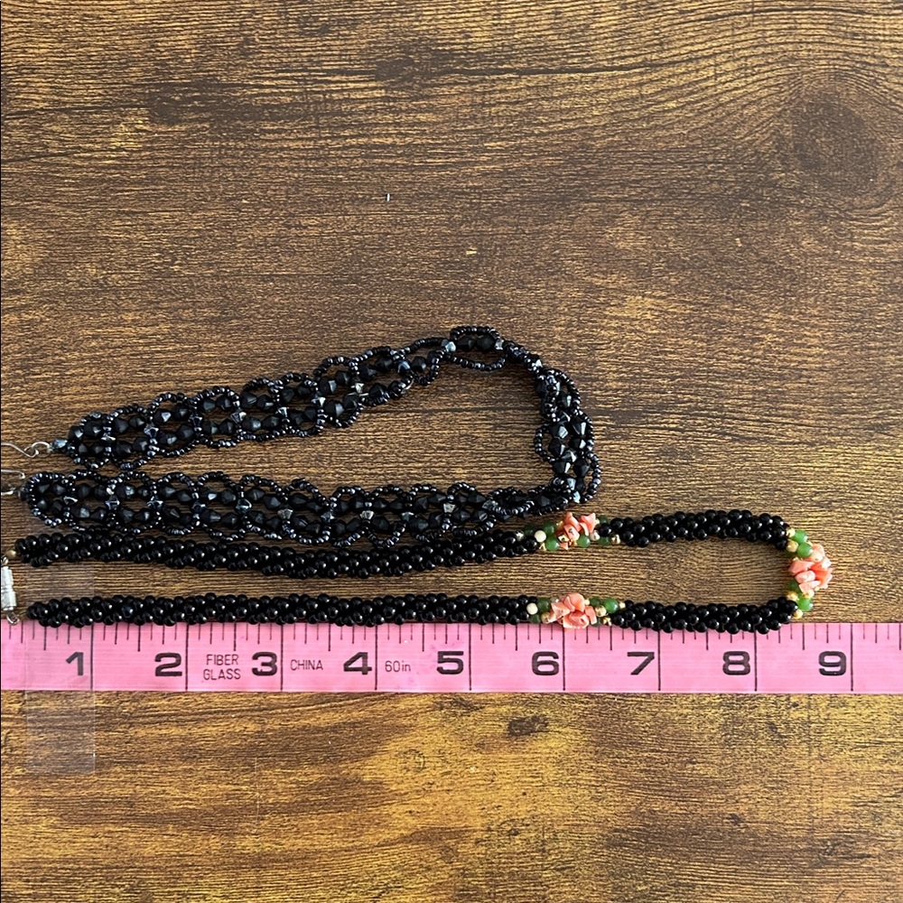 Black Beaded Necklace with Floral Accents
